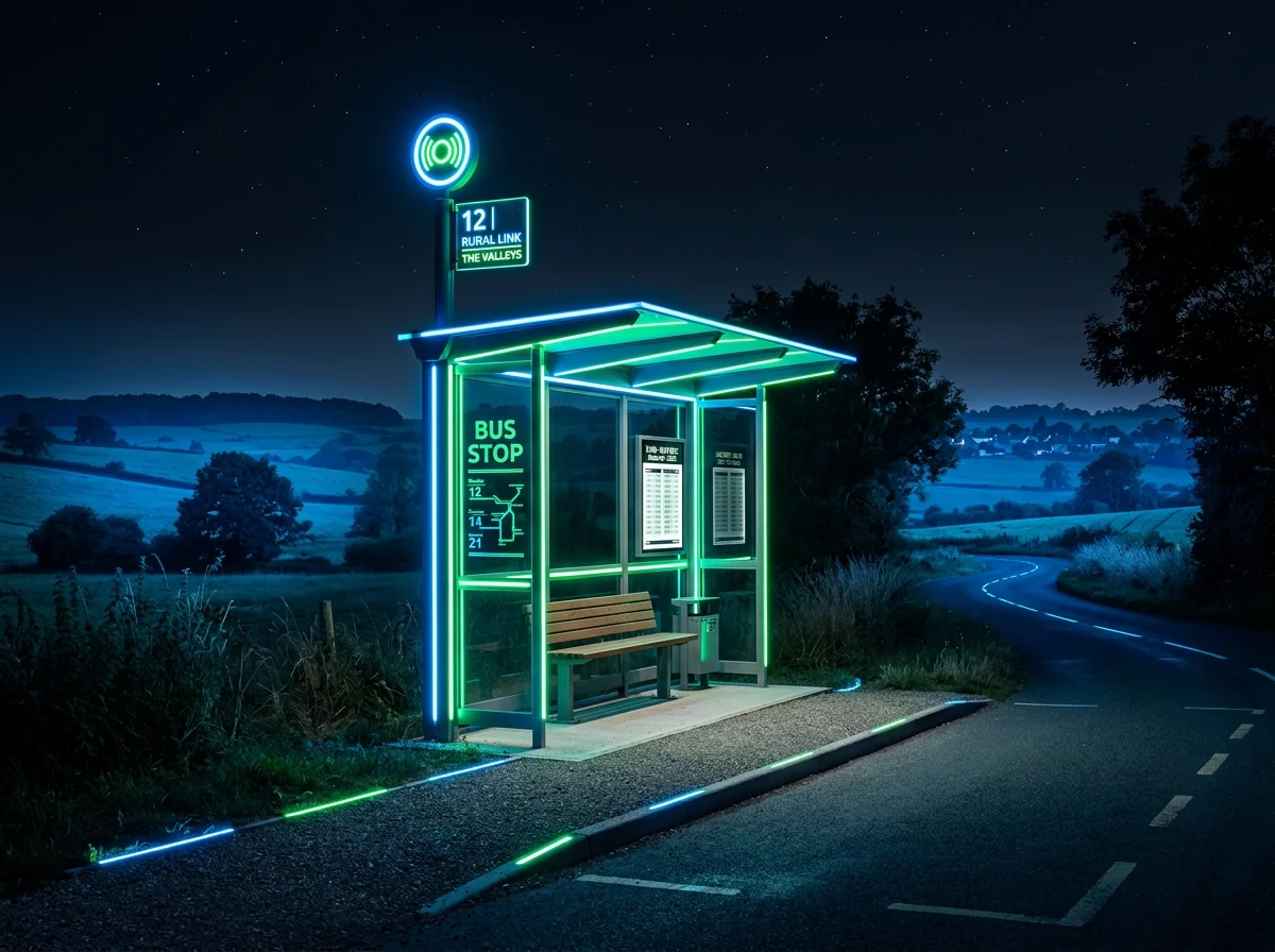 Abribus scolaire en zone rurale balisé par marquage luminescent, sans raccordement électrique