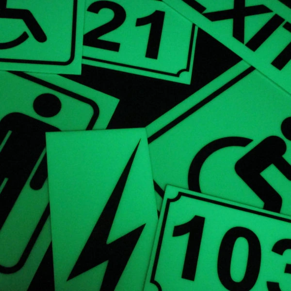 Pictogrammes de signalétique photoluminescente — sortie de secours, accessibilité, numéros de salle