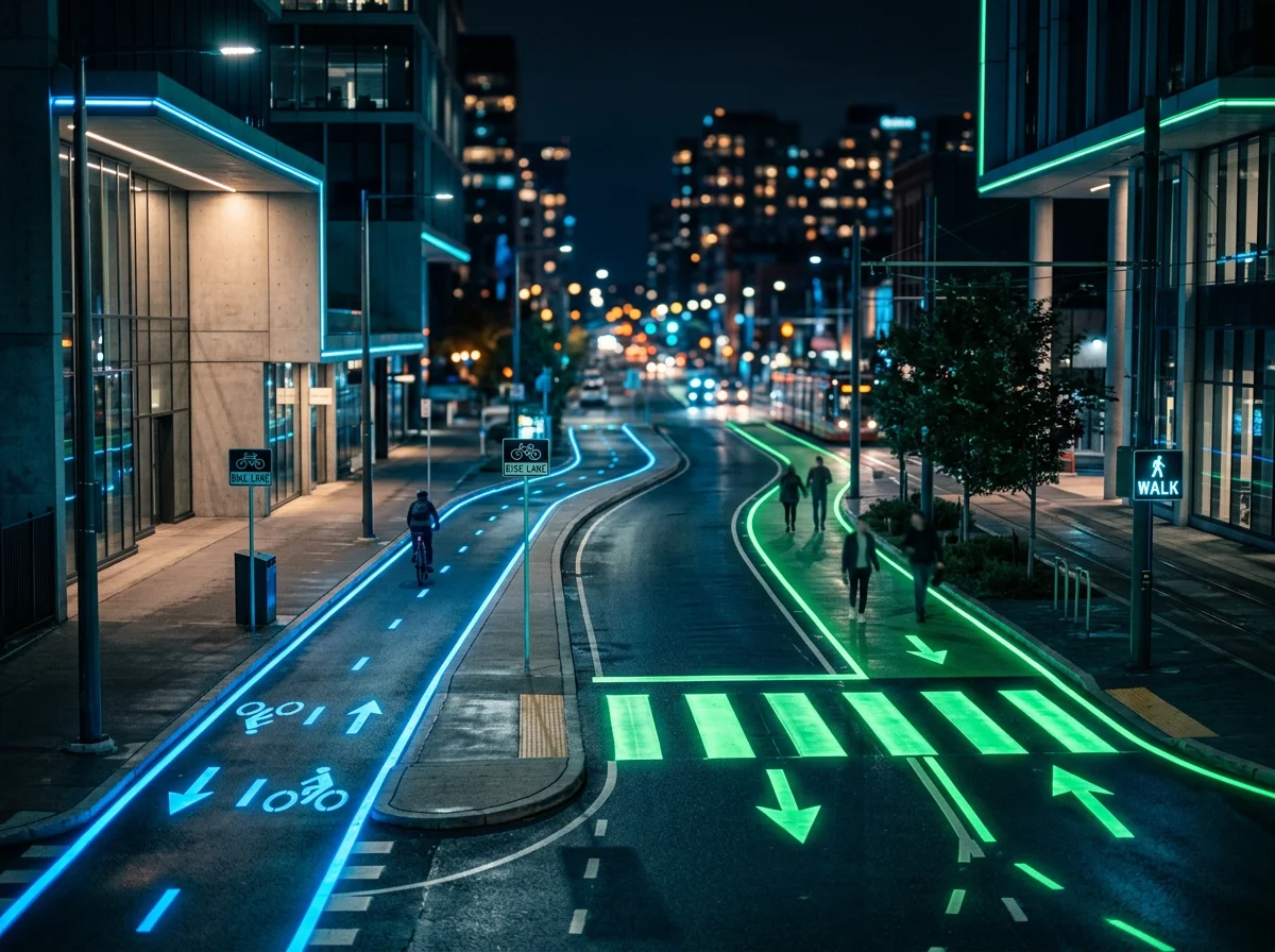 Balisage luminescent au sol pour cheminement piéton et cyclable, visible dans l'obscurité