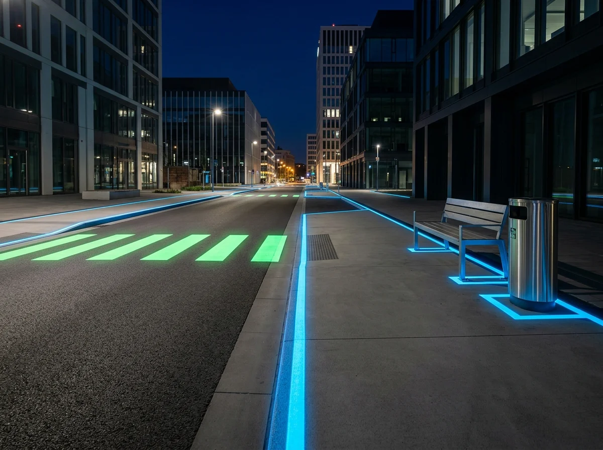 Béton désactivé incrusté de graviers luminescents, révélant un cheminement la nuit